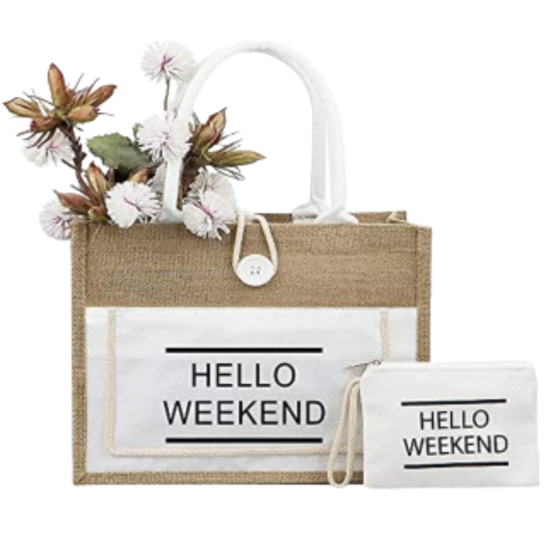 Eco Friendly Hello Weekend Canvas Jute Tote Bag Set